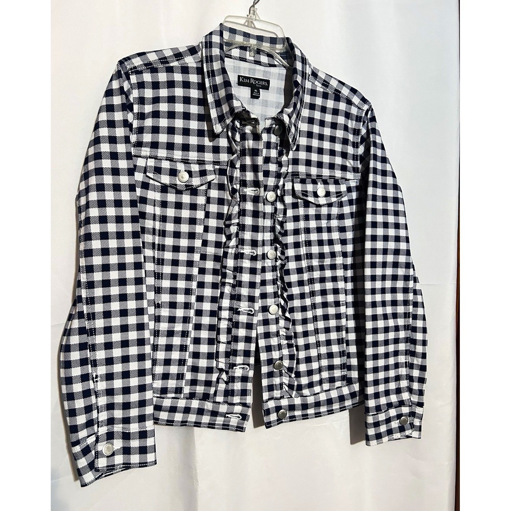 Kim Rogers Women's Petite PL Blue/White Gingham Button Front Cotton Jacket